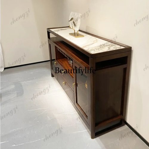 Buffet d'appoint moderne en bois massif avec plateau en pierre et casier à vin, finition ébène, pour salle à manger