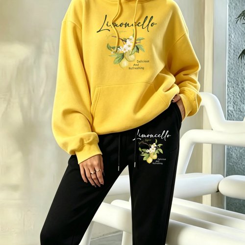Zestaw damski bluza z kapturem i spodnie dresowe Y2K – Luźny casualowy dres polarowy z wzorem Lemoncello