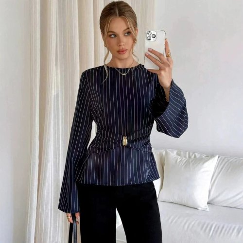 Blusa suéter retro a rayas con cintura ajustada, manga larga, detalles metálicos, corte holgado, casual para oficina y uso diario