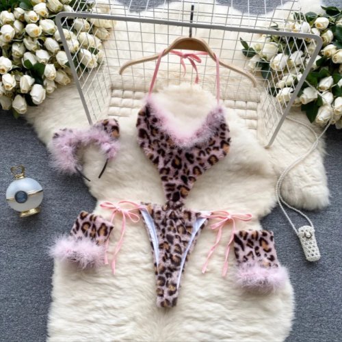 여성 레오파드 프린트 벨로어 바디수트 홀터넥 원피스 보디콘 섹시 란제리