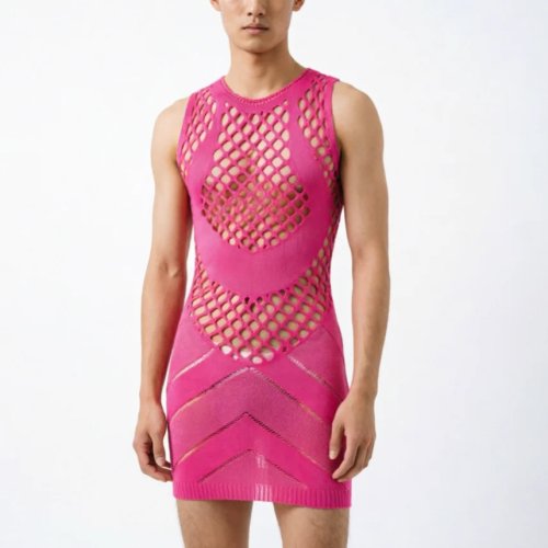 Lingerie Sexy per Uomo Canotta in Rete - Maglia Traforata Nero, Blu, Rosso, Bianco, Rosa