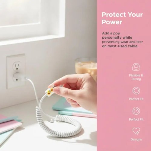 Protector de cable cargador USB con corazón lindo – Enrollador espiral antirrotura para uso diario