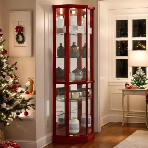 Corner Curio Cabinet for Living Room – Tempered Glass Doors & Shelves, Light Oak Finish, LED Lighting, Adjustable Shelving