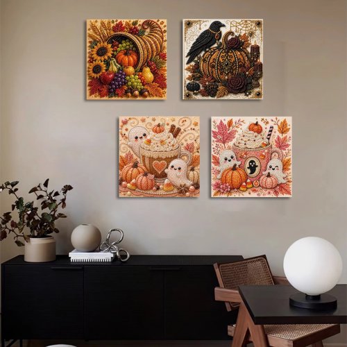 ชุดงานฝีมือ DIY ภาพวาดมุก 3D พร้อมกรอบ 30x30 ซม. ลายอีกาและฟักทอง ผ้าใบติดเองพร้อมไรน์สโตน