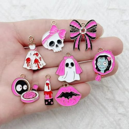 10 ชิ้น จี้ ผี ฮาโลวีน แดงชมพู DIY เครื่องประดับ โลหะผสม เคลือบ ลิปสติก โบว์ ชุด