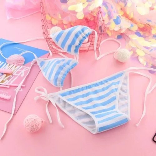 Conjunto de lencería rayada estilo japonés – Bikini cosplay kawaii con brasier y panty (azul/rosa/blanco)