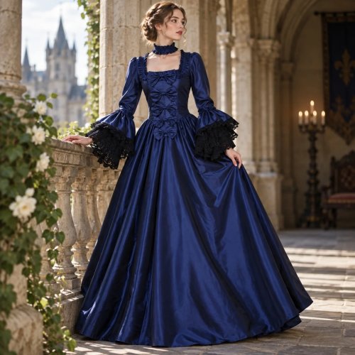 Dames maxi jurk vintage lolita middeleeuws met vierkante hals, hoge taille, bisschopsmouwen, patchwork en wijde rok, slim fit