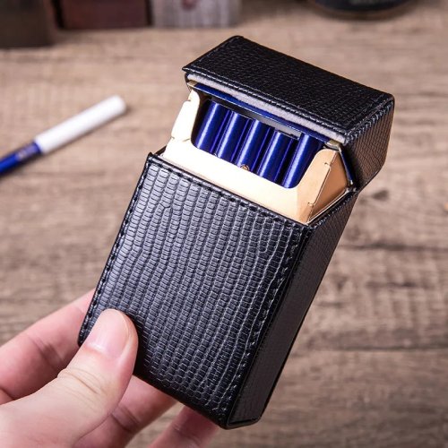 Cigarrera flip-up con diseño de lagarto, piel PU, para 20 cigarros, anti presión, personalizada