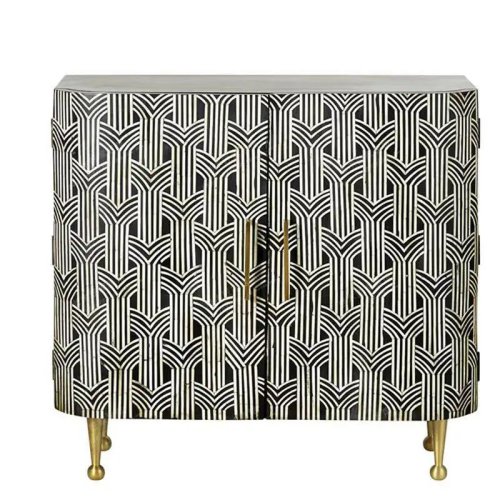 French Solid Wood Hand-Painted Shoe Cabinet – Retro Black & White Geometric Side Cabinet for Dining Room/Entryway