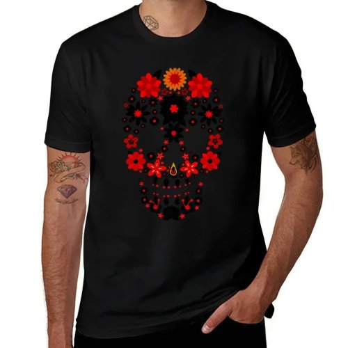 T-shirt com estampa de caveira floral sugar skull – T-shirt street style tamanhos grandes (4XL–6XL)