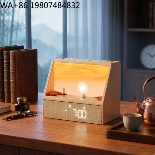 Lâmpada despertador amanhecer em madeira maciça natural com altifalante Bluetooth, luz noturna RGB regulável, temporizador digital, decoração minimalista para mesa de cabeceira