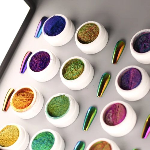 Puder do paznokci chrome 1 g – pigment do nail art o metalicznym efekcie lustra, niebiesko-złoty chameleon