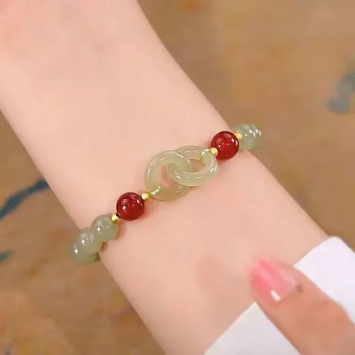 Pulsera de doble anillo de jade y ágata natural – Joyería de calcedonia, regalo para mujer