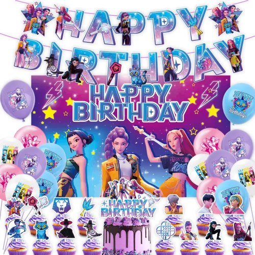 女の子向けカートゥーン風誕生日パーティー装飾セット 風船・バナー・ケーキデコレーション