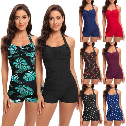 Women's Tankini Swimsuit with Shorts Tummy Control Halter Neck Ruched Front Modest Swimwear Black Navy