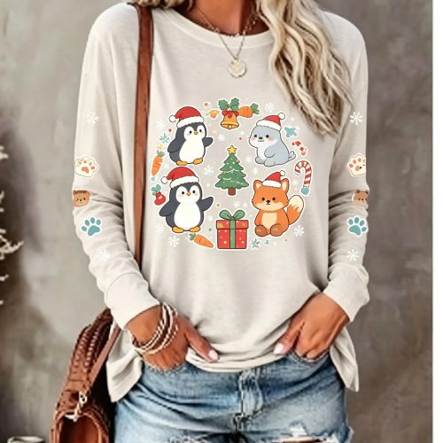Camiseta Manga Larga Mujer Navidad Lindo Animales Caricatura Pingüino Zorro Árbol Navidad Regalo Estampado Cuello Redondo Casual Invierno
