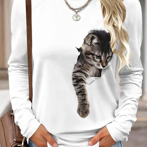 Atasan Wanita Lengan Panjang Raglan Cetak Kucing 3D Kerah Bulat Casual Musim Gugur dengan Saku