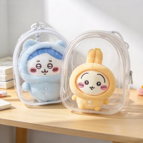 Pochette de rangement en PVC transparent avec porte-clés, boîte de présentation de poupées de dessin animé, organisateur d'écouteurs anti-poussière, sac cadeau
