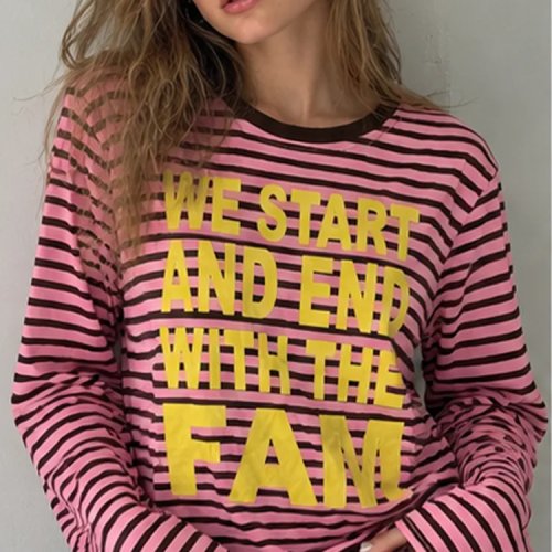 Áo thun nữ dài tay in chữ và sọc, cổ tròn, dáng rộng, hồng đen, Y2K casual streetwear