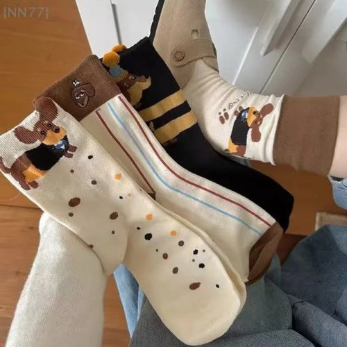 1足 ユニークなダックスフンド柄コットンソックス – ソーセージドッグのカートゥーンプリント、秋冬向け暖かいカップルソックス