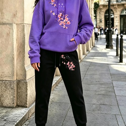 Cherry Blossom Life Harajuku Print Y2K Conjunto de Sudadera con Capucha para Mujer con Bolsillos, Polar Pullover Pantalón Deportivo, Ropa de Otoño Holgada y Cómoda