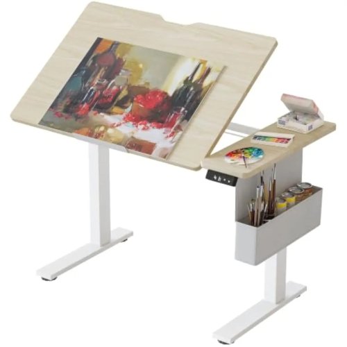 Bàn vẽ điện sit-stand, nghiêng vô cấp 0°–60°, mặt bàn hai vùng, điều chỉnh độ cao 72–116 cm