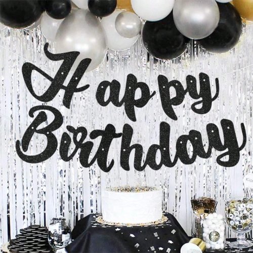 Bannière Joyeux Anniversaire, décoration de fond de fête noir/or/argent/violet/or rose