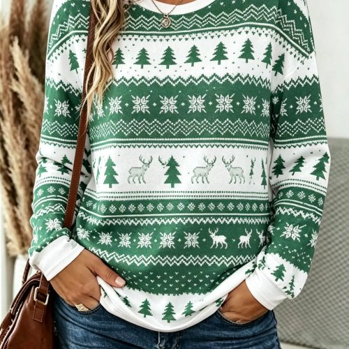 Women's Christmas Fair Isle Long Sleeve T-Shirt – Reindeer Tree Snowflake Print Casual O-Neck Tee Top