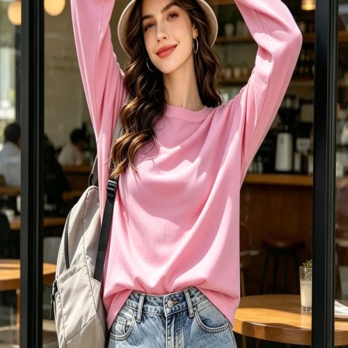 유니섹스 Y2K 긴팔 티셔츠 핑크 무지 루즈 슬림해 보이는 다용도 베이직 캐주얼 스포츠 탑