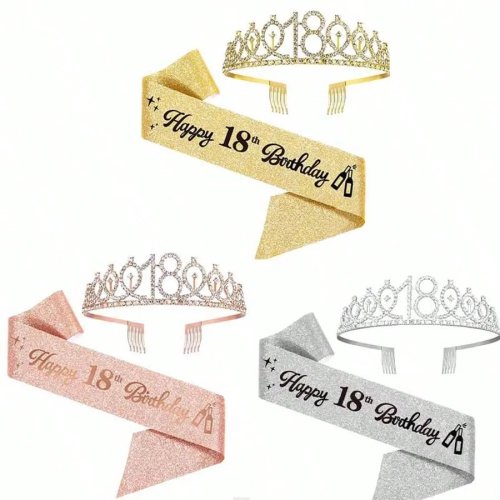 Set de tiara y banda de cumpleaños 18 para niñas, corona con strass y banda brillante, 3 colores, regalo para fiesta de cumpleaños