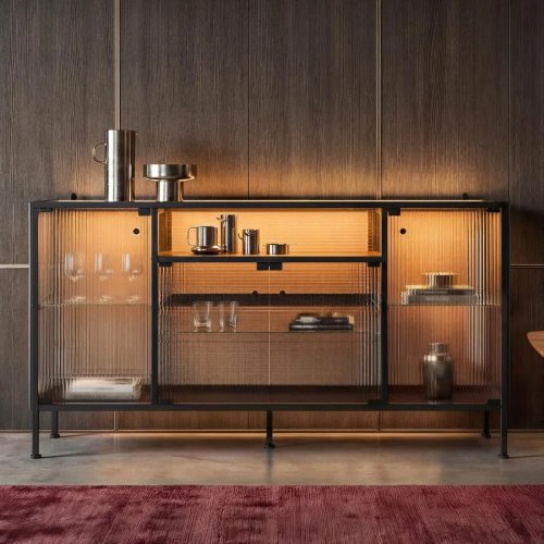55-Inch Display Cabinet for Living Room, Fluted Glass Doors, Black Finish, LED Lighting and Adjustable Shelves