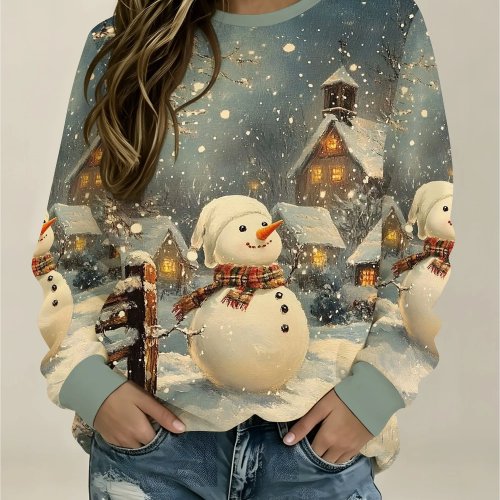 Felpa Donna Girocollo Natale Pupazzo di Neve Villaggio Invernale Stampa Pullover Casual