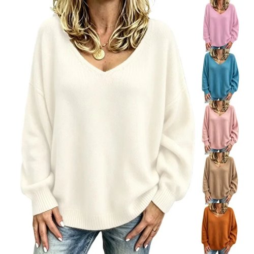 Women's V-Neck Loose Knit Sweater for Autumn Winter, Minimalist Commuter Long Sleeve Top, Versatile Basic Ladies Pullover