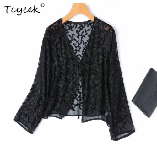 Tcyeek Top Feminino 100% Seda da Amoreira Pura - Bordado Requintado, Semi-transparente, Preto