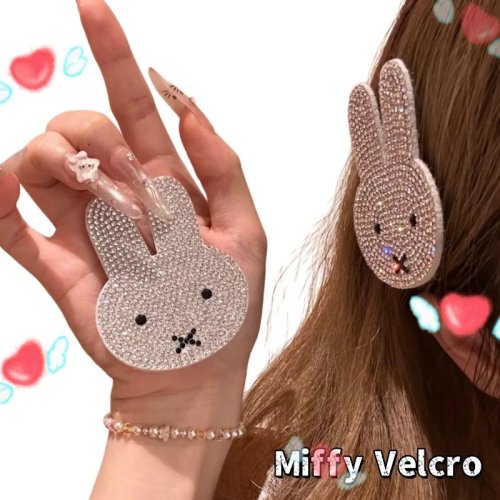 Cute Cartoon Miffy Rhinestone Velcro Bangs Clip, Niche Luxury Bling Hair Accessory, Personalized Glitter Hairpin for Girls