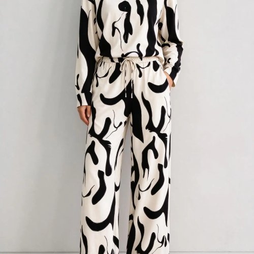 Conjunto de Pijama para Mujer de Imitación Algodón - Estampado Abstracto de Remolinos Negro Beige, Cuello Redondo, Manga Larga, 2 Piezas Pijama y Ropa de Descanso