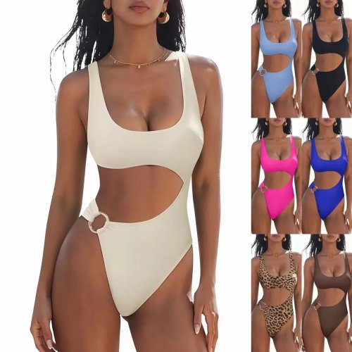 Bikini Donna Due Pezzi con Anello Metallico, Intaglio, Gamba Alta, Scollo Tondo, Effetto Snellente