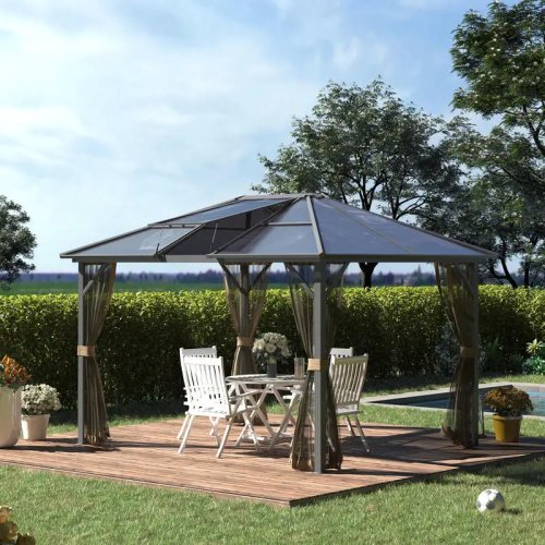Outsunny Gazebo Hardtop 10 x 12 ft dengan Atap Polikarbonat & Rangka Aluminium, Paviliun Outdoor dengan Kelambu untuk Teras, Taman, Halaman, Dek, Rumput, Abu-abu/Cokelat