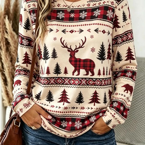 Dames sweatshirt lange mouwen kerst ruitjes rendier sneeuwvlok print casual