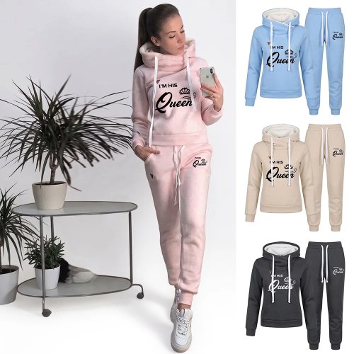 Damen Fleece Trainingsanzug 2-teiliges Set - 'I'm His Queen' Hoodie & Jogger Hose, Warme Winter Herbst Freizeitkleidung