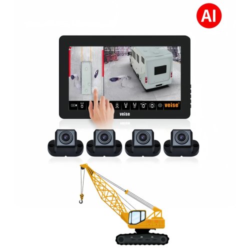 Cámara de Reversa Panorámica 360° Todo en Uno con Vista de Pájaro y Alertas BSD para Grúa Móvil, Excavadora, Camión Volquete, Equipos de Construcción