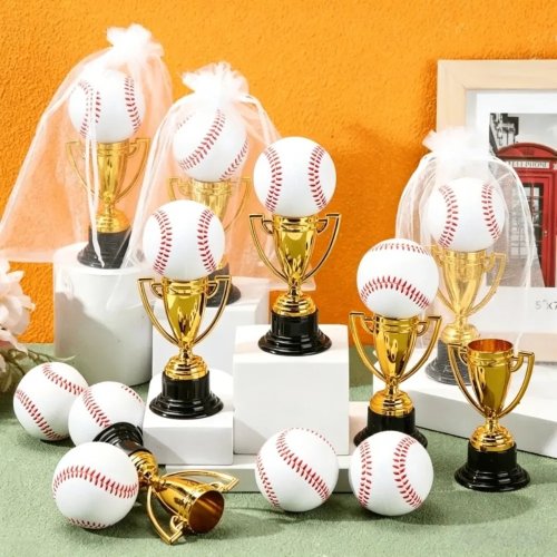 1-12 Sets Mini Baseball Trophy Party Favor Kit, Plastic Gold Trophy Mini Baseball with Organza Bag, Sports Team Souvenir Gifts