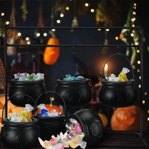 Bát kẹo Mini Lọ Phù Thủy, đế xô nhựa đen cho tiệc Halloween, đồ trang trí bàn, trang trí sân vườn và nhà