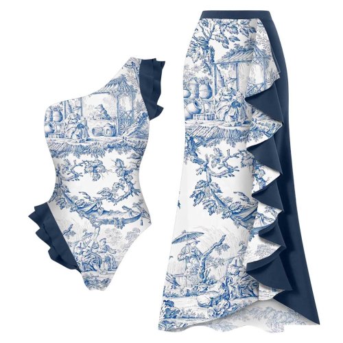 Tankini para Mujer con Falda Estampado Azul y Blanco Cintura Alta Traje de Baño con Volantes Estampado Vintage