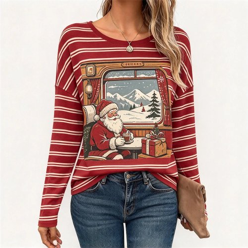 Camiseta manga larga mujer estampado Navidad Santa cuadros rayas gráfica regalo