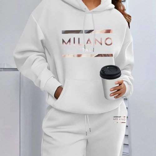 Conjunto de Fato de Treino 2 Peças para Mulher Milano Letter Print - Sweatshirt com Capuz e Calças