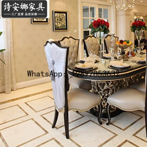 Bộ Bàn Ăn Tân Cổ Điển Bằng Gỗ Tự Nhiên Chạm Khắc Hoa, Màu Champagne, Hình Bầu Dục, Lớn, Kèm Ghế Da