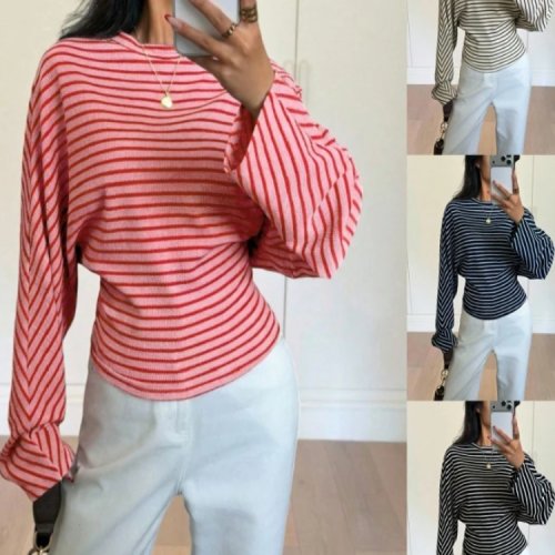 Camiseta Mujer Manga Murciélago Rayas Cuello Redondo Slim Casual