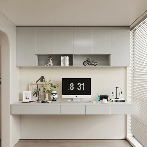 Scrivania a parete moderna con libreria, design nordico salvaspazio per computer e studio
