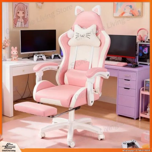 Ergonomic Gaming Chair with Cat Ears, Lumbar Support, Adjustable Headrest & Footrest, 360° Swivel, Manual Recline, Iron Frame
